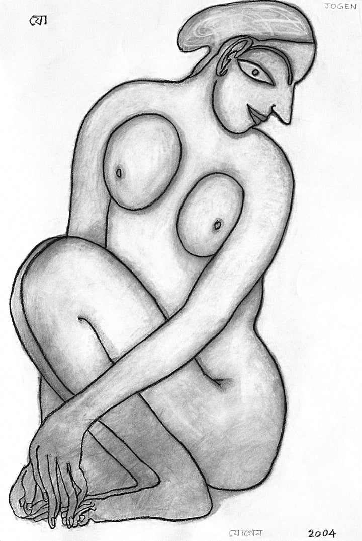 Nude serigraphs painting titled 'Woman Seated', 30x22 inch, by artist Jogen Chowdhury on Paper