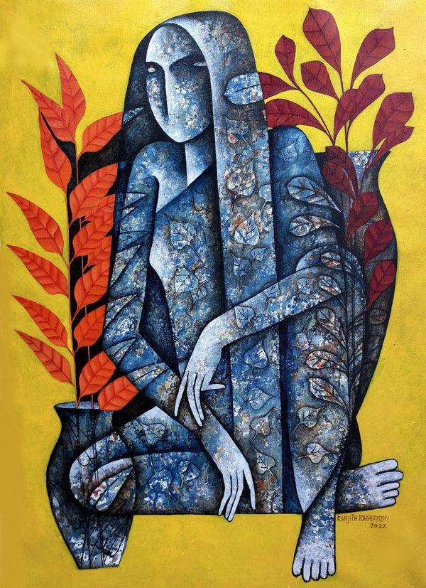 Figurative acrylic painting titled 'Woman Waiting', 42x30 inches, by artist Ranjith Raghupathy on Canvas