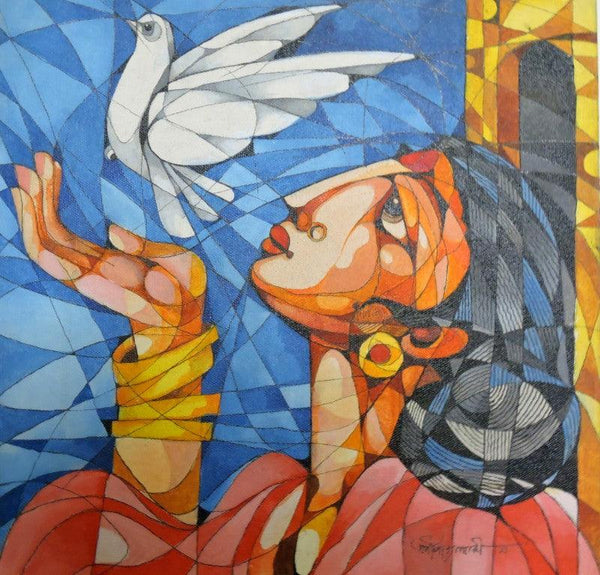 Figurative acrylic painting titled 'Woman With a Bird', 12x12 inches, by artist Pradip Goswami on Canvas