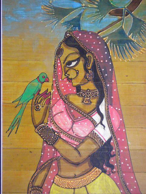 Folk Art acrylic painting titled 'Woman With A Parrot', 14x18 inches, by artist Pradeep Swain on Leaf