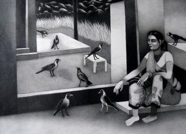 Figurative mixed media painting titled 'Woman With Birds', 31x39 inches, by artist Kalipada Purkait on Paper