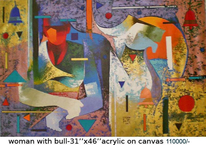 Figurative acrylic painting titled 'Woman With Bull', 31x46 inches, by artist Ranjit Singh on Canvas