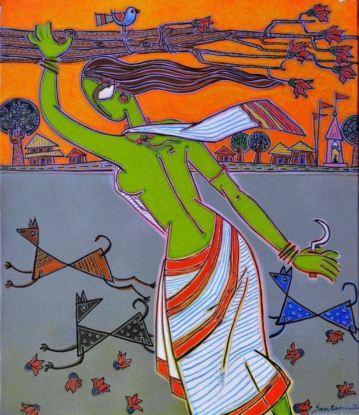 Figurative acrylic painting titled 'Woman With Dogs', 27x32 inches, by artist Santanu Nandan Dinda on Canvas