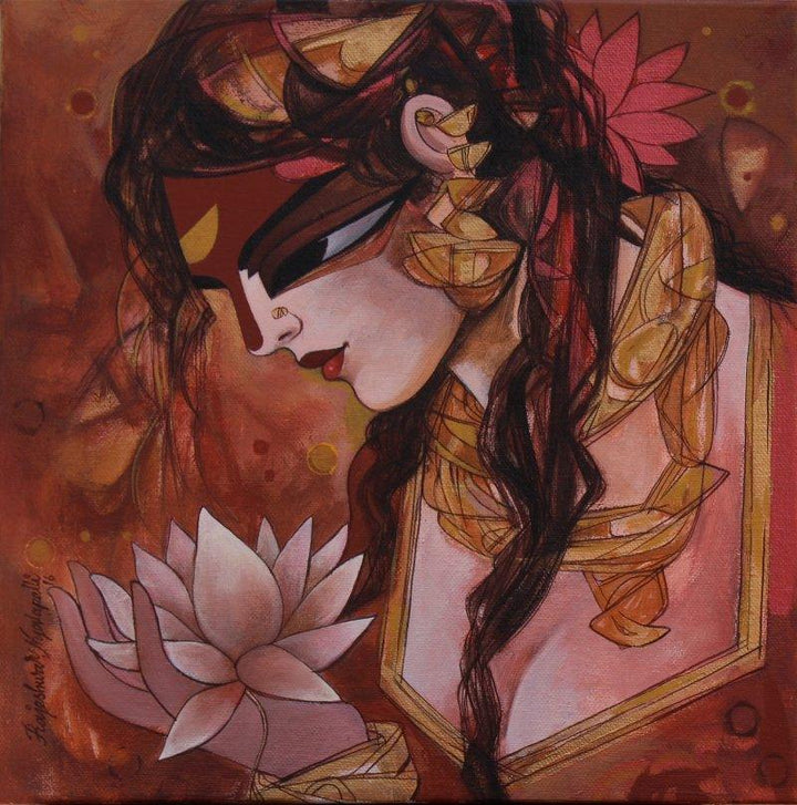 Figurative acrylic painting titled 'Woman With Lotus', 12x12 inches, by artist Rajeshwar Nyalapalli on Canvas