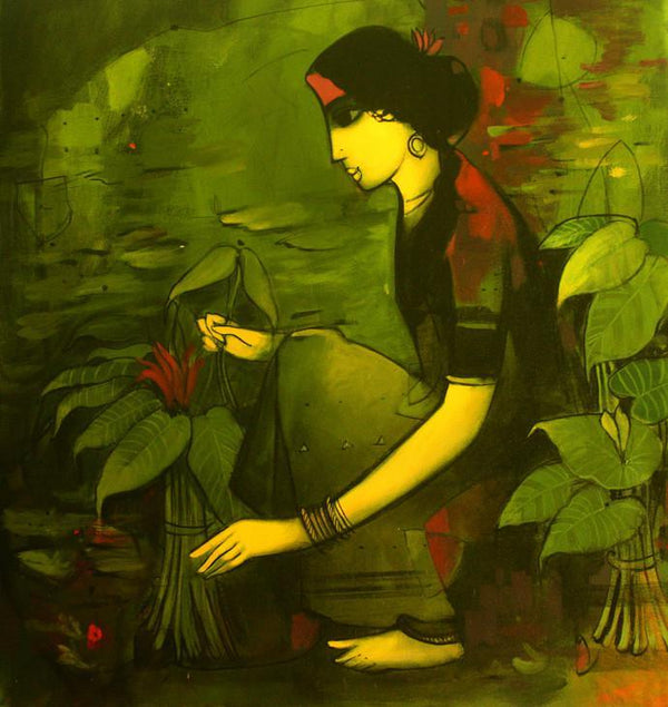 Figurative acrylic painting titled 'Woman With Plant', 24x24 inches, by artist Sachin Sagare on Canvas