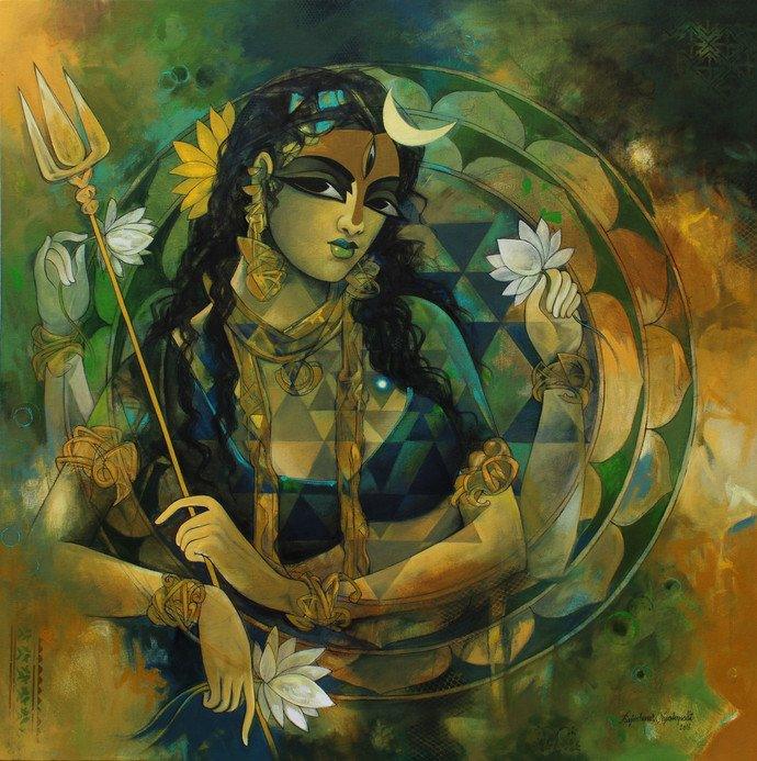 Figurative acrylic painting titled 'Woman With Sri Chekra', 36x36 inches, by artist Rajeshwar Nyalapalli on Canvas