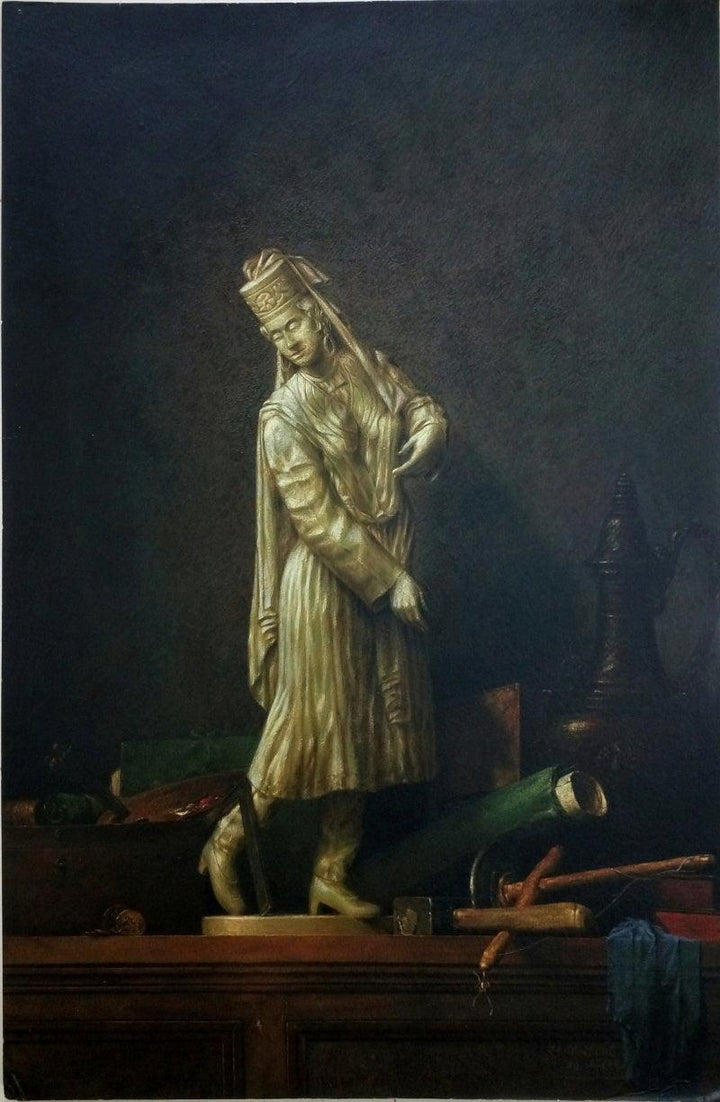 Realistic postercolor painting titled 'Womanstatue with chardin', 30x20 inches, by artist Sanjay Sarfare on Handmade Mount Board