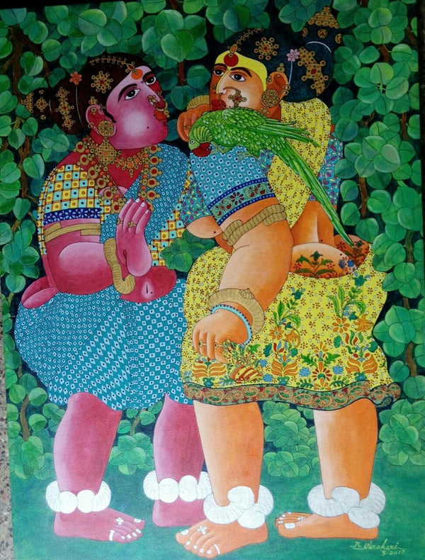 Figurative acrylic painting titled 'Women and Parrot', 30x24 inches, by artist Bhawandla Narahari on Canvas