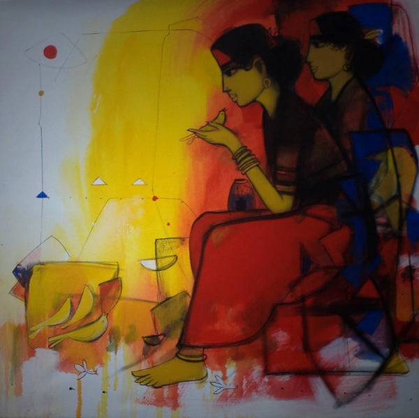 Figurative acrylic painting titled 'Women And The Birds', 30x30 inches, by artist Sachin Sagare on Canvas