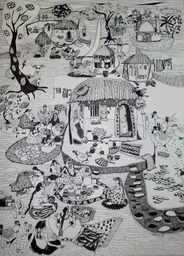 Fantasy pen drawing titled 'Women at Work', 16x12 inches, by artist Fatema Lodhger on Paper