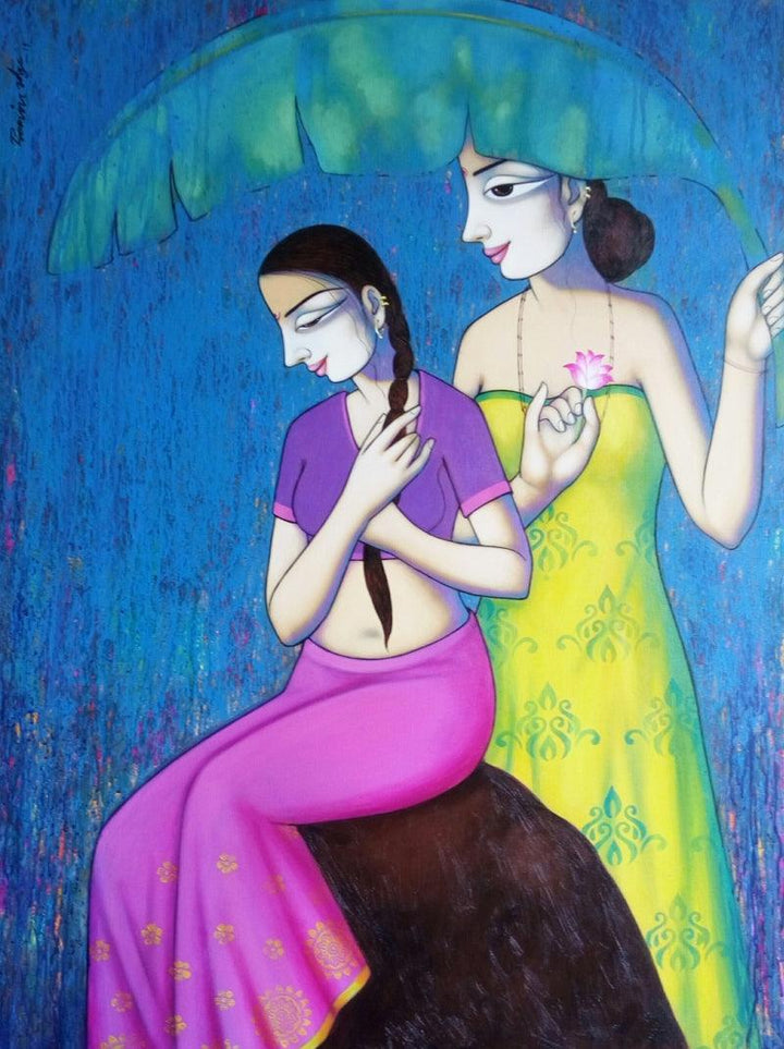 Figurative acrylic painting titled 'Women Enjoying Rain 1', 40x30 inches, by artist Pravin Utge on Canvas