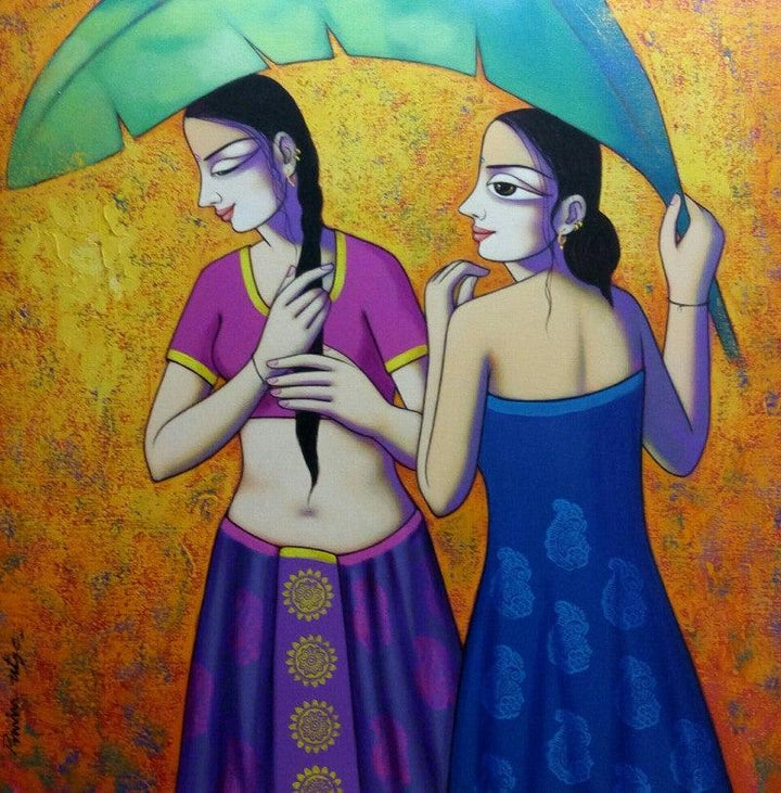 Figurative acrylic painting titled 'Women Enjoying Rain', 36x36 inches, by artist Pravin Utge on Canvas