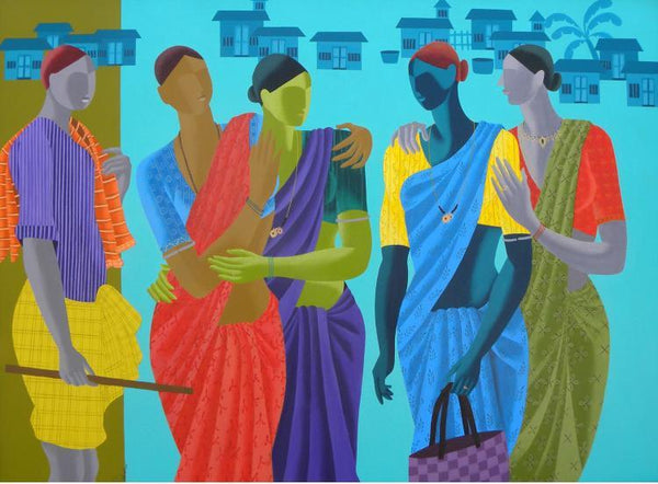 Figurative acrylic painting titled 'Women Get Together', 48x36 inches, by artist Abhiram Bairu on Canvas