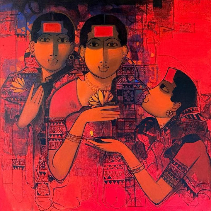 Figurative acrylic painting titled 'Women Gossiping 21', 36x36 inches, by artist Sachin Sagare on Canvas