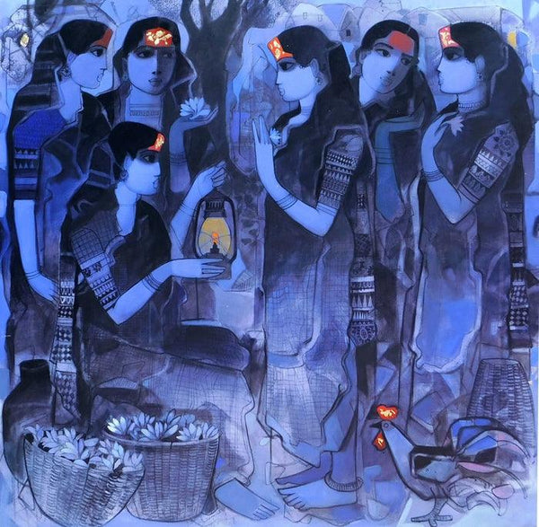 Figurative acrylic painting titled 'Women Gossiping 6', 60x60 inches, by artist Sachin Sagare on Canvas