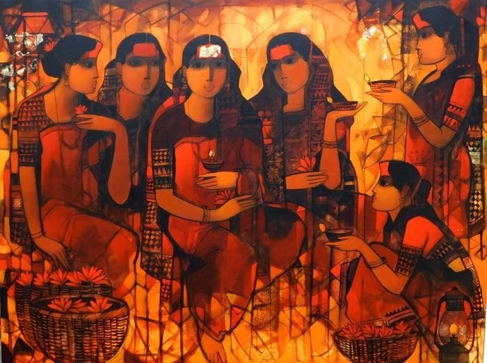 Figurative acrylic painting titled 'Women Gossiping 7', 60x80 inches, by artist Sachin Sagare on Canvas