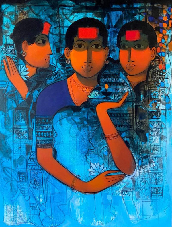 Figurative acrylic painting titled 'Women Gossiping 8', 48x36 inches, by artist Sachin Sagare on Canvas