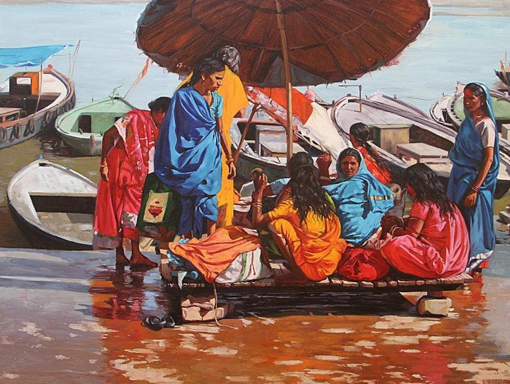 Landscape oil painting titled 'Women In Boat Banaras Ghat', 36x48 inches, by artist Sachin Sawant on Canvas