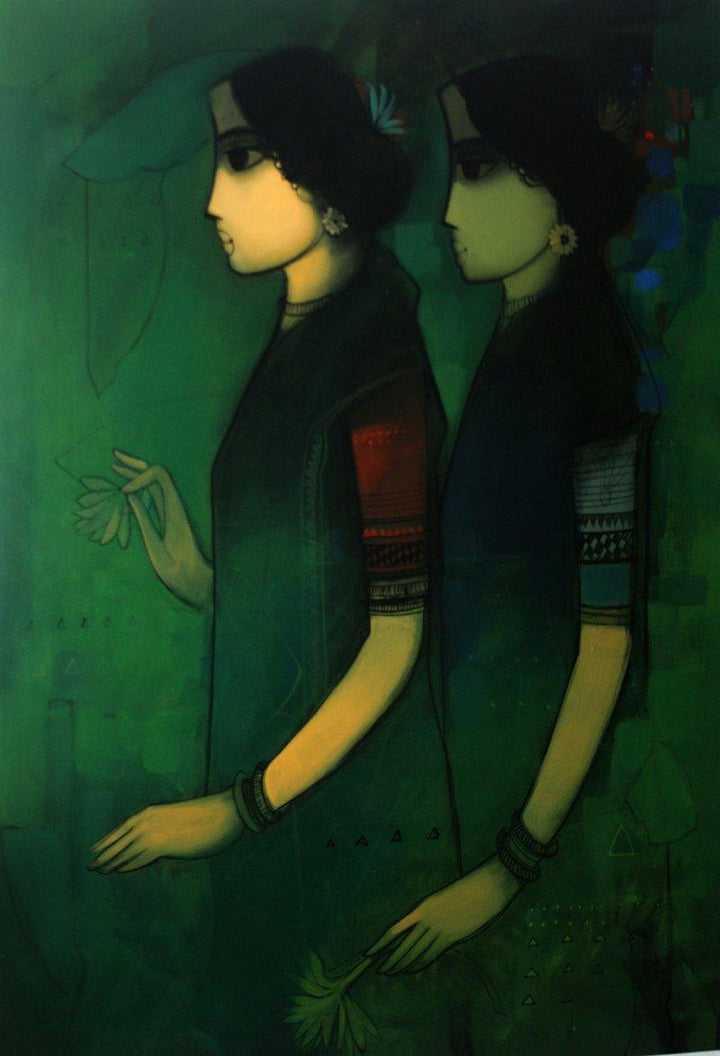 Figurative acrylic painting titled 'Women in Dark', 48x36 inches, by artist Sachin Sagare on Canvas