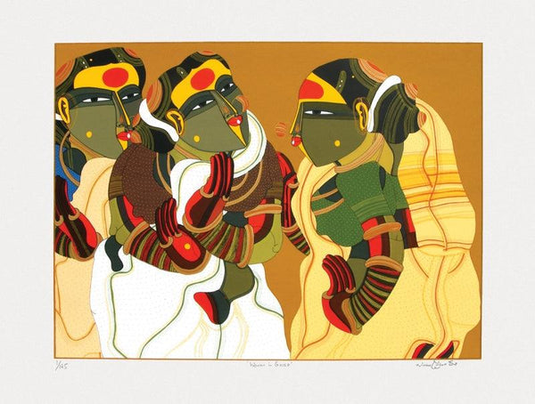 Figurative serigraphs painting titled 'Women In Gossip', 30x40 inches, by artist Thota Vaikuntam on Paper