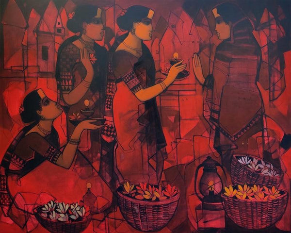 Figurative acrylic painting titled 'Women In Group 1', 48x60 inches, by artist Sachin Sagare on Canvas