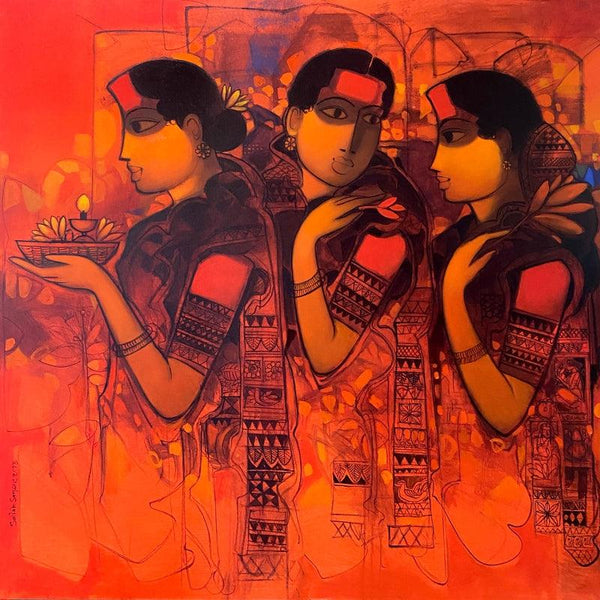 Figurative acrylic painting titled 'Women In Group 11', 48x48 inches, by artist Sachin Sagare on Canvas