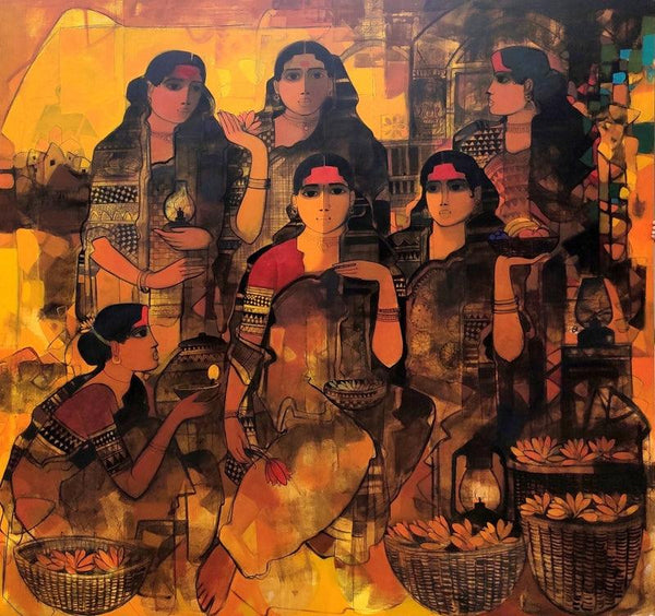 Figurative acrylic painting titled 'Women In Group 4', 80x80 inches, by artist Sachin Sagare on Canvas