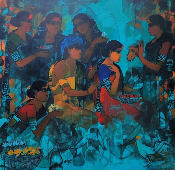 Figurative acrylic painting titled 'Women In Group 5', 80x80 inches, by artist Sachin Sagare on Canvas