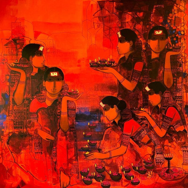 Figurative acrylic painting titled 'Women In Group 6', 80x80 inches, by artist Sachin Sagare on Canvas