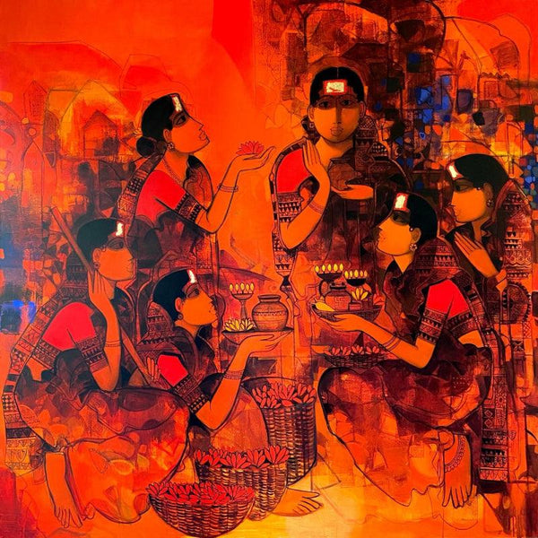 Figurative acrylic painting titled 'Women In Group 7', 80x80 inches, by artist Sachin Sagare on Canvas