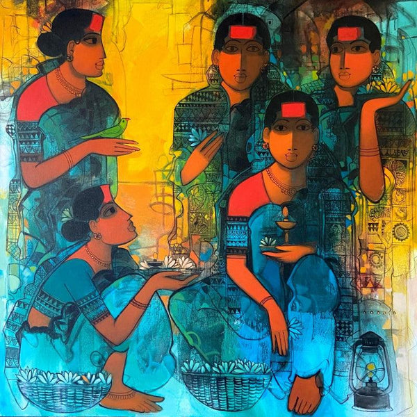 Figurative acrylic painting titled 'Women In Group 8', 60x60 inches, by artist Sachin Sagare on Canvas