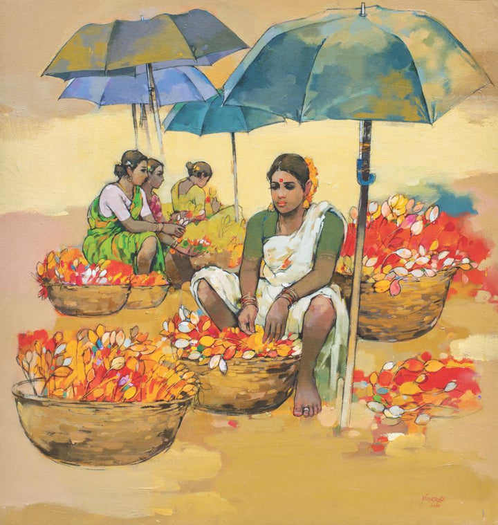 Figurative acrylic painting titled 'Women Selling Flowers', 36x35 inches, by artist Satyajeet Varekar on Canvas