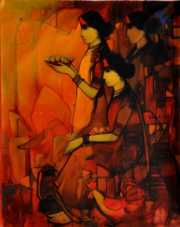 Figurative acrylic painting titled 'Women With Flowers', 60x48 inches, by artist Sachin Sagare on Canvas