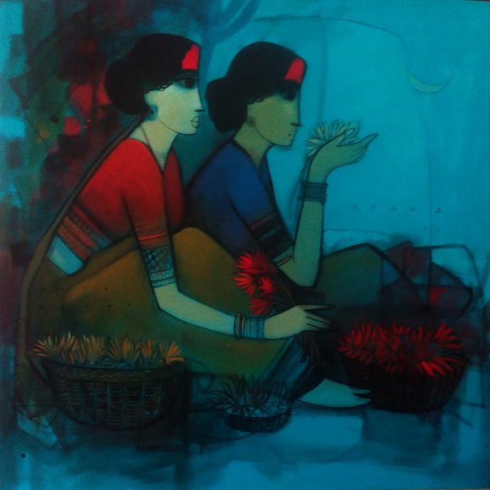 Figurative acrylic painting titled 'Women With Lotus', 40x40 inches, by artist Sachin Sagare on Canvas