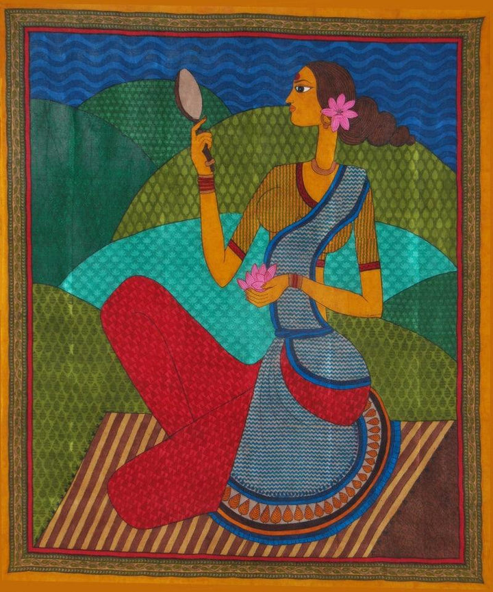 Figurative printmaking titled 'Women With Mirror', 43x31 inches, by artist Jasminder Kaur on Silk