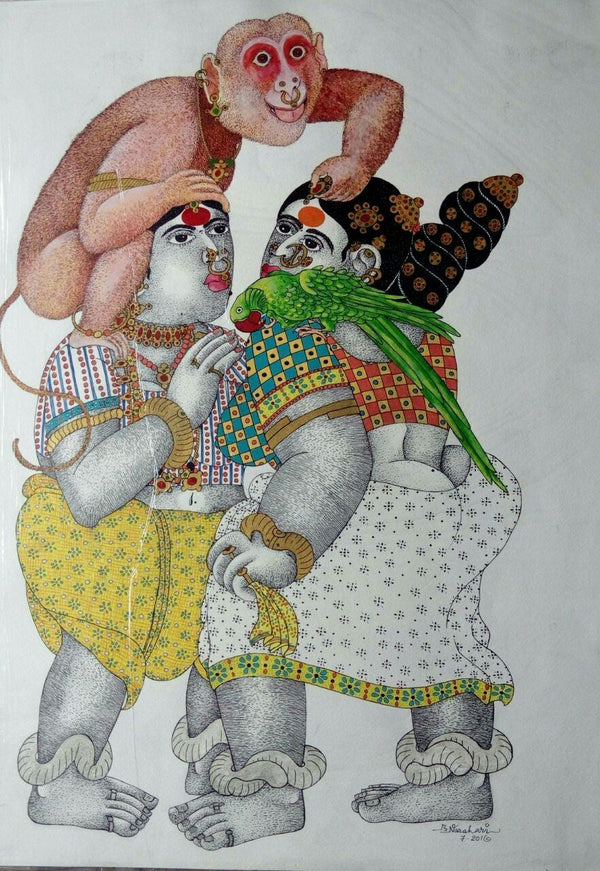 Figurative acrylic painting titled 'Women with Monkey', 30x22 inches, by artist Bhawandla Narahari on Paper