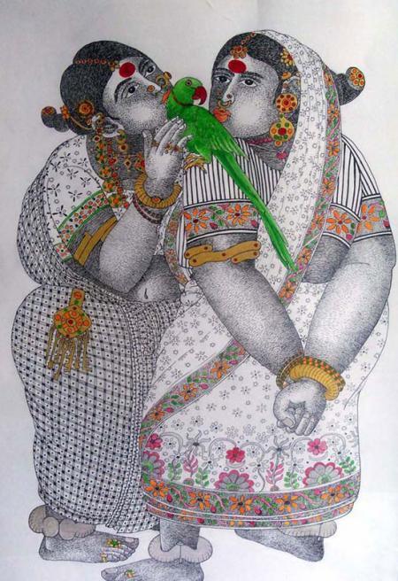 Figurative acrylic painting titled 'Women With Parrot 1', 15x23 inches, by artist Bhawandla Narahari on Paper