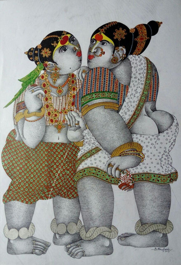 Figurative pen ink drawing titled 'Women with parrot 2', 30x22 inches, by artist Bhawandla Narahari on Paper