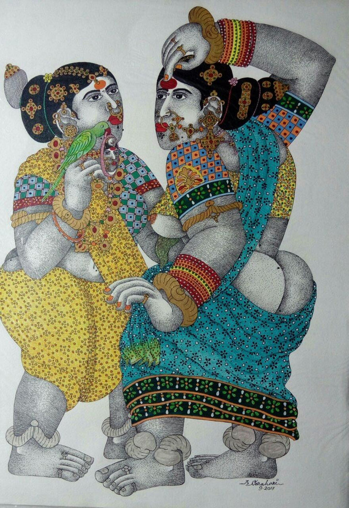 Figurative pen ink drawing titled 'Women with parrot 6', 30x22 inches, by artist Bhawandla Narahari on Paper