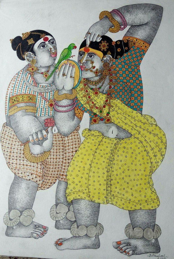 Figurative pen ink drawing titled 'Women with parrot 7', 30x22 inches, by artist Bhawandla Narahari on Paper