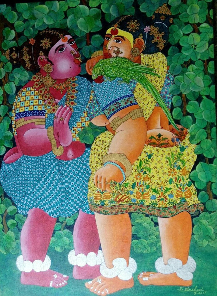 Figurative acrylic painting titled 'Women with Parrot', 40x30 inches, by artist Bhawandla Narahari on Canvas