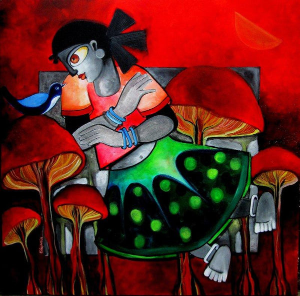 Fantasy acrylic painting titled 'Wonderland', 30x30 inches, by artist Sharmi Dey on Canvas