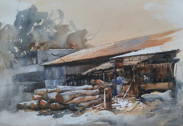 Cityscape watercolor painting titled 'Woodmart', 18x25 inches, by artist Bijay Biswaal on Paper