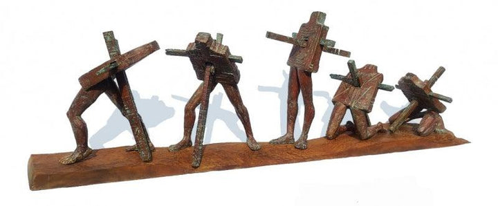 Figurative sculpture titled 'Working Class', 18x55x10 inches, by artist Rakesh Sadhak on Metal, Wood