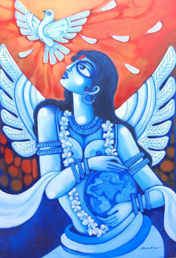 Figurative acrylic painting titled 'World In Me', 24x36 inches, by artist Pradip Goswami on Canvas