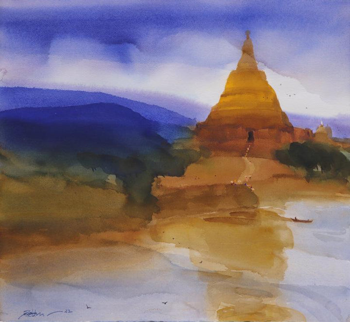 Landscape watercolor painting titled 'World Is His Reflection', 19x17 inches, by artist Prashant Prabhu on Arches Paper