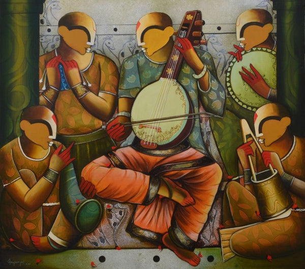 Figurative acrylic painting titled 'World on a String', 48x54 inches, by artist Anupam Pal on canvas