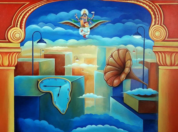 Fantasy acrylic painting titled 'Worlds watch', 36x48 inches, by artist Anand Kumar on Canvas