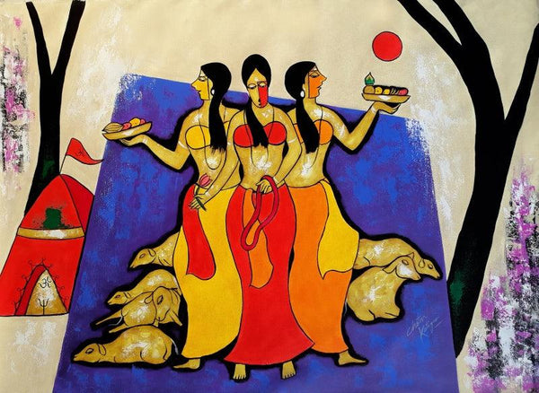 Figurative acrylic painting titled 'Worship', 36x48 inches, by artist Chetan Katigar on Canvas