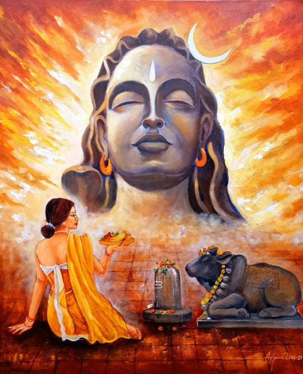 Religious acrylic painting titled 'Worship of Shiva', 42x36 inches, by artist Arjun Das on Canvas